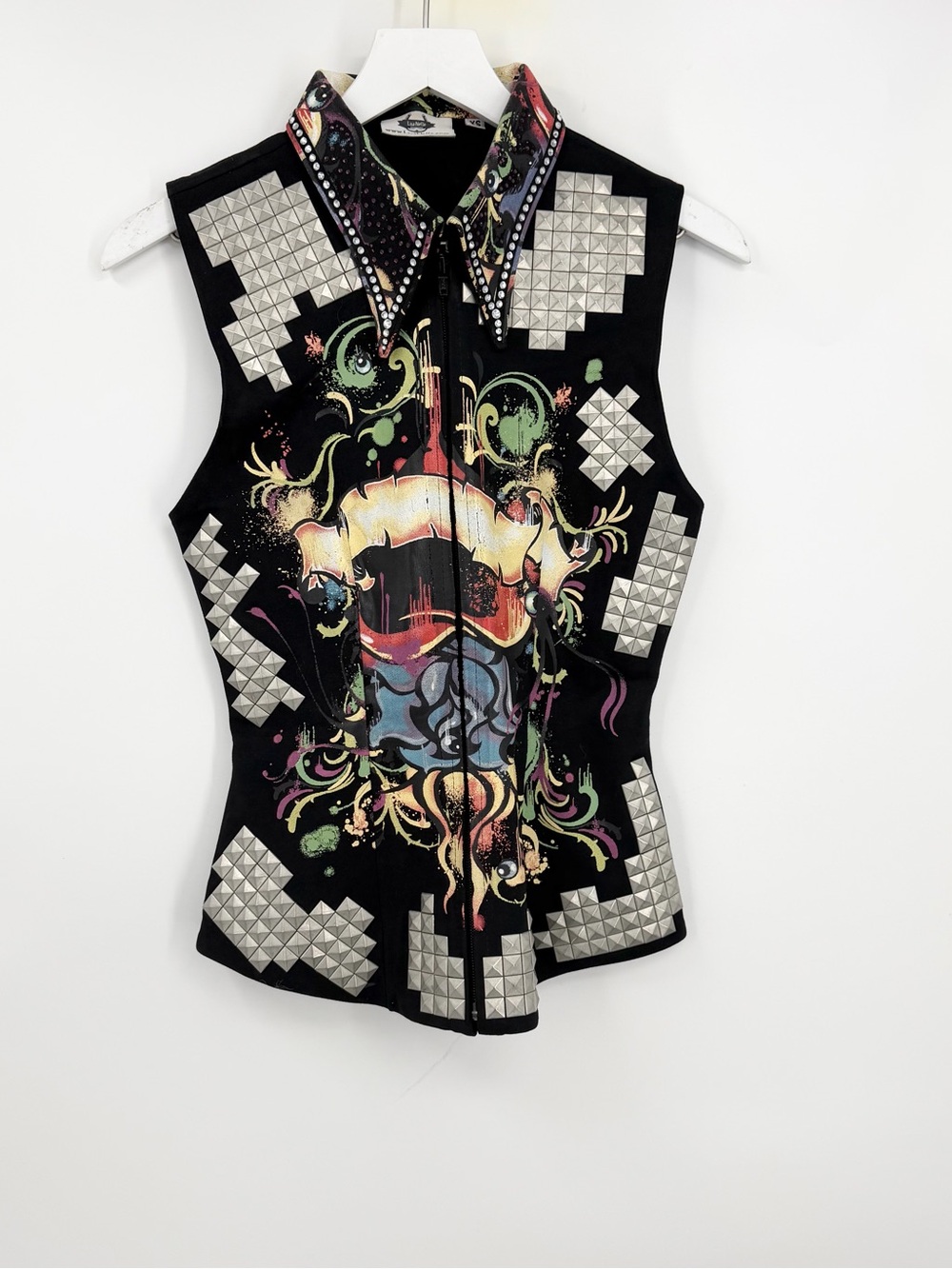 Lisa Nelle Studded Embellished Zip-up Sleeveless Top Western Graphic Print Sz XS